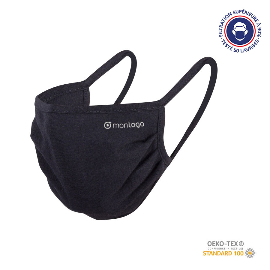 MASQUE UNS1 PUBLICITAIRE - MASQUE NOIR GRAND PUBLIC FILTRATION SUPÉRIEURE À 90% - 120 LAVAGES 'NASIK' BLACK